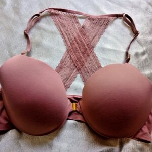 Victoria's Secret Incredible mauve lace racerback bra sz34C front clasp lined